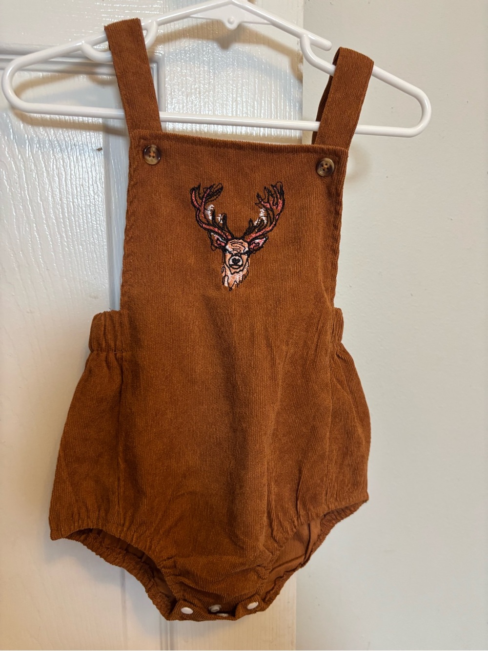 Corduroy Deer Embroidered Baby Romper in Rust